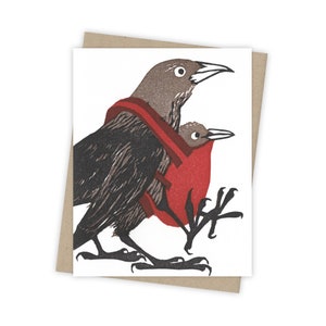 Babywearing grackle card – Congratulations letterpress card with mother and baby bird – Original block print notecard