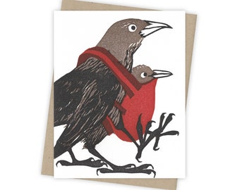 Babywearing grackle card – Congratulations letterpress card with mother and baby bird – Original block print notecard