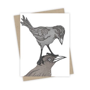 Piggyback grackle card – Letterpress card with parent and child birds – Original block print notecard