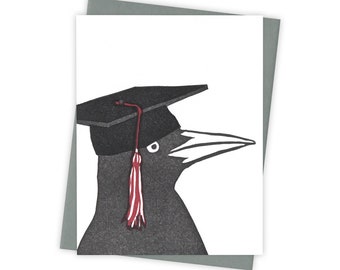 Mortar Board grackle card – Letterpress greeting card with bird wearing graduation cap – Original block print notecard