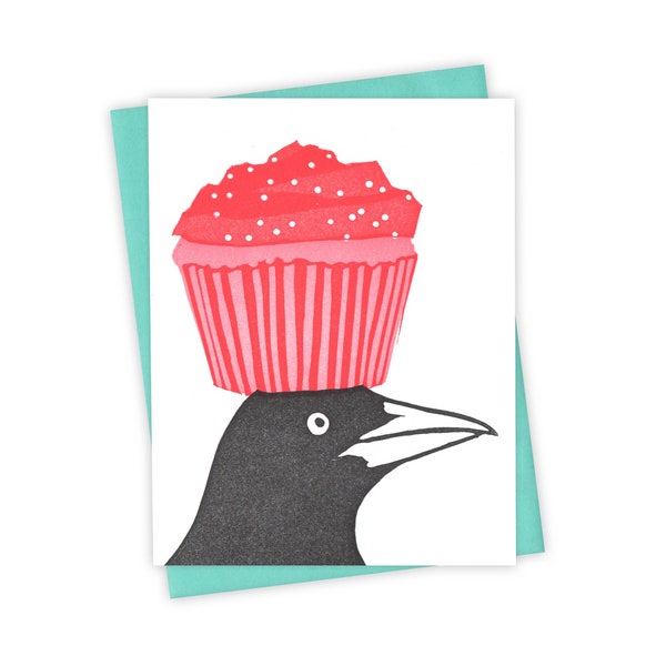 Cupcake grackle card – Birthday letterpress card with bird and pink cupcake – Original block print notecard