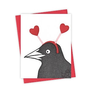 Love Ears grackle card – Valentine's letterpress card with bird wearing heart headband – Original block print notecard