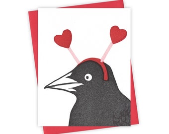 Love Ears grackle card – Valentine's letterpress card with bird wearing heart headband – Original block print notecard