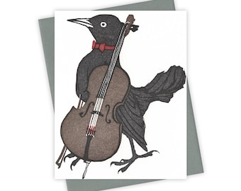 Musical grackle card – Letterpress greeting card with bird and cello – Original block print notecard