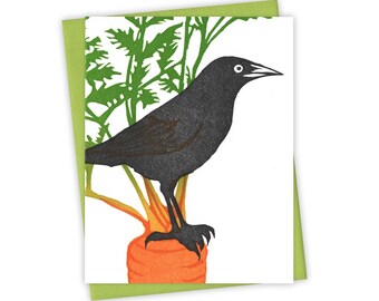Carrot Top grackle card – Letterpress greeting card with bird and carrot – Original block print notecard