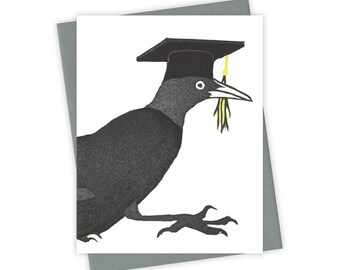 Turn the Tassel grackle card – Graduation letterpress card with bird in cap and gown – Original block print notecard