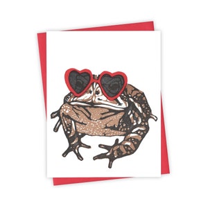Lovestruck Toad card – Letterpress card with toad in heart glasses – Original block print notecard