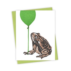 Birthday Balloon Toad card – Letterpress card with toad and green balloon – Original block print notecard