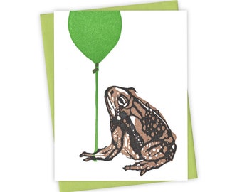 Birthday Balloon Toad card – Letterpress card with toad and green balloon – Original block print notecard