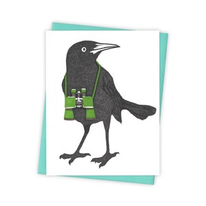 Birdwatching grackle card – Letterpress greeting card with bird and binoculars – Original block print notecard