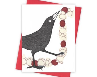 Garland grackle card – Holiday letterpress card with bird and Christmas decoration – Original block print notecard