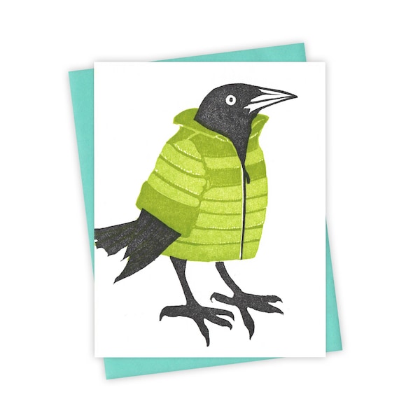 Puffer Jacket grackle card – Winter letterpress card with bird in green coat – Original block print notecard