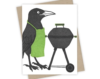 Grilling grackle card – Letterpress card with bird in apron at bbq grill – Original block print notecard