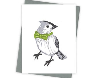 Bowtie titmouse card – Letterpress greeting card with songbird in green bowtie – Original block print notecard