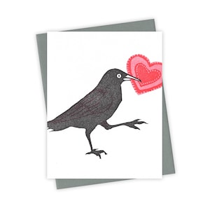 Homemade Valentine grackle card – Valentine's letterpress card with bird carrying heart – Original block print notecard