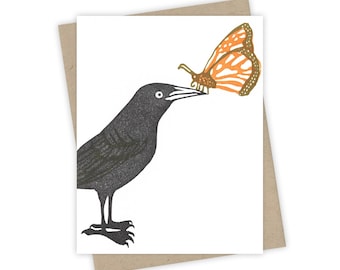 Butterfly grackle card – Letterpress greeting card with bird and butterfly – Original block print notecard