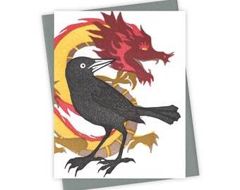 Dragon grackle card – Letterpress card with bird and dragon – Original block print notecard