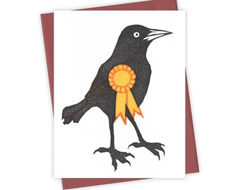 Great Job grackle card – Letterpress greeting card with bird and award ribbon – Original block print notecard