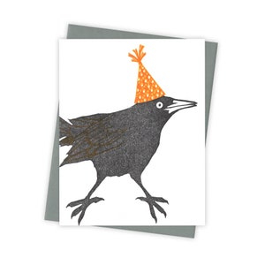 Wingding grackle card – Birthday letterpress card with bird in orange party hat – Original block print notecard