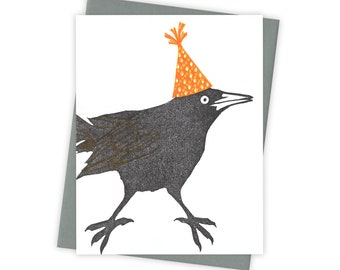 Wingding grackle card – Birthday letterpress card with bird in orange party hat – Original block print notecard