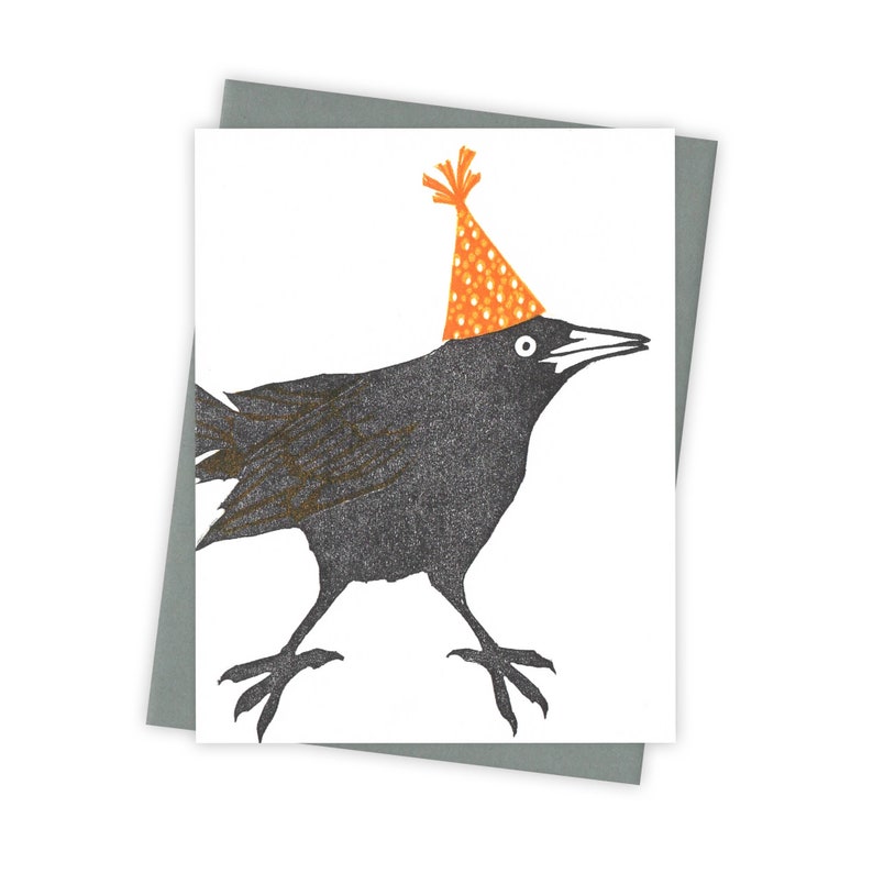 Wingding grackle card Birthday letterpress card with bird in orange party hat Original block print notecard image 1