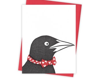 Heartstrings grackle card – Valentine's letterpress card with bird wearing heart bowtie – Original block print notecard