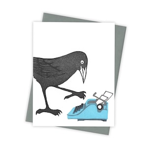 Hunt & Peck grackle card – Letterpress greeting card with bird and typewriter – Original block print notecard