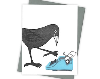 Hunt & Peck grackle card – Letterpress greeting card with bird and typewriter – Original block print notecard