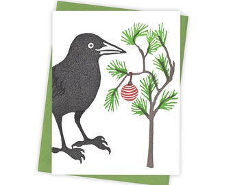 Little Tree grackle card – Holiday letterpress card with bird and small Christmas tree – Original block print notecard