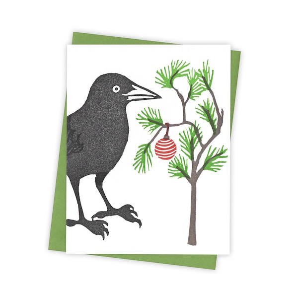 Little Tree grackle card – Holiday letterpress card with bird and small Christmas tree – Original block print notecard