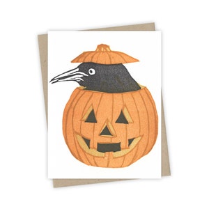 Jack-o'-lantern grackle card – Halloween letterpress card with bird in pumpkin – Original block print notecard