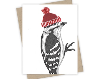 Winter Beanie downy woodpecker card – Letterpress greeting card with bird and red knit hat – Original block print notecard