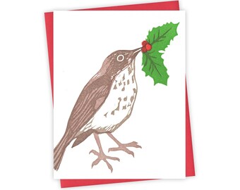 Deck the Halls thrush card – Letterpress greeting card with songbird and holly – Original block print notecard