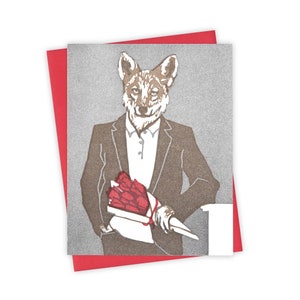 Red Roses coyote card Letterpress greeting card with coyote and floral gift Original block print notecard image 1