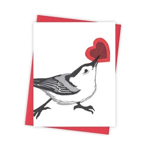 Sweetheart nuthatch card – Letterpress greeting card with songbird holding heart-shaped valentine – Original block print notecard