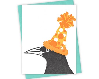 Party Hat grackle card – Birthday letterpress card with bird in party hat – Original block print notecard