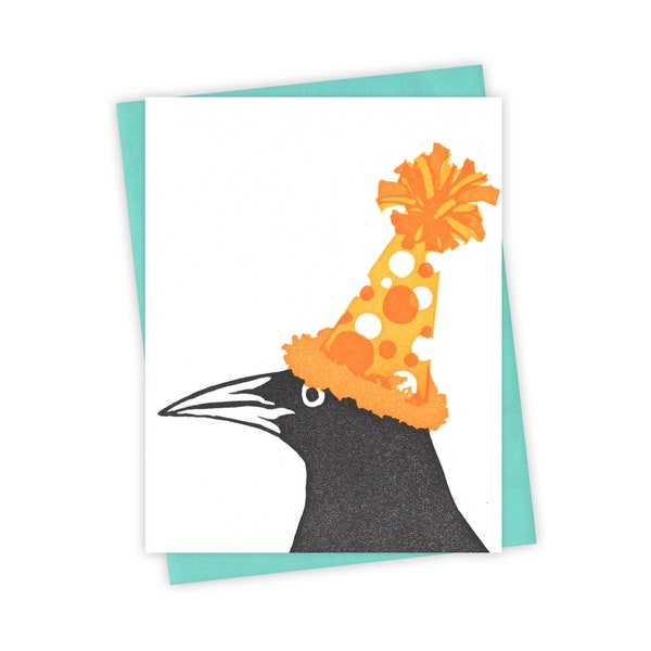 Party Hat grackle card – Birthday letterpress card with bird in party hat – Original block print notecard