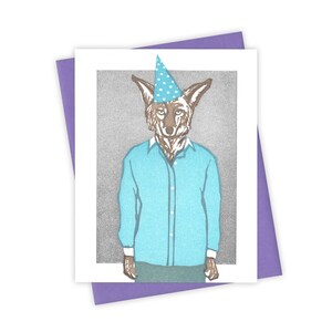 Birthday Blue coyote card – Birthday letterpress greeting card with coyote in blue party hat – Original block print notecard