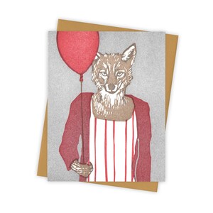 Red Balloon coyote card – Letterpress greeting card with coyote holding balloon – Original block print notecard
