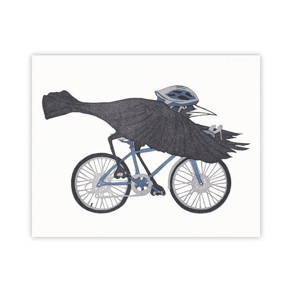 On the Road grackle – 8x10 original block print with bird on bicycle