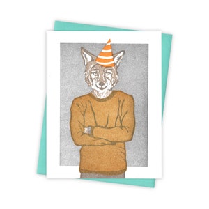 Party Time coyote card – Birthday letterpress greeting card with coyote in orange party hat – Original block print notecard