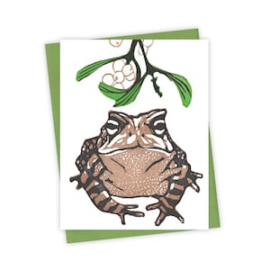 MistleToad card – Letterpress card with toad under the mistletoe – Original block print notecard