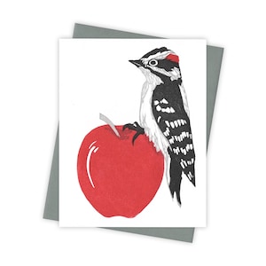 Apple-a-Day downy woodpecker card – Letterpress greeting card with bird and red apple – Original block print notecard