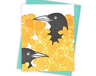 Buttercup grackle card – Letterpress greeting card with birds and flowers – Original block print notecard