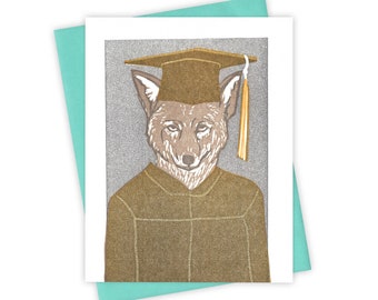 Graduate coyote card – Graduation letterpress greeting card with coyote in cap and gown – Original block print notecard