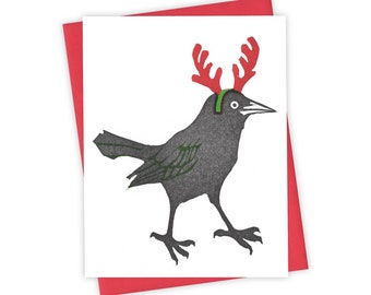 Reindeer Games grackle card – Holiday letterpress card with bird in antlers – Original block print notecard