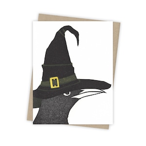 Cackle grackle card – Halloween letterpress card with bird in witch's hat – Original block print notecard