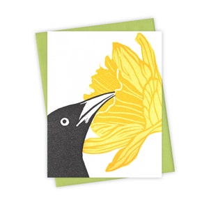 Daffodil grackle card – Letterpress greeting card with bird and flower – Original block print notecard