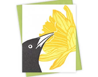 Daffodil grackle card – Letterpress greeting card with bird and flower – Original block print notecard