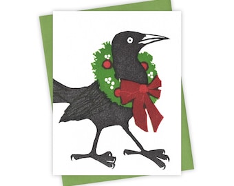 Greenery grackle card – Holiday letterpress card with bird wearing wreath – Original block print notecard